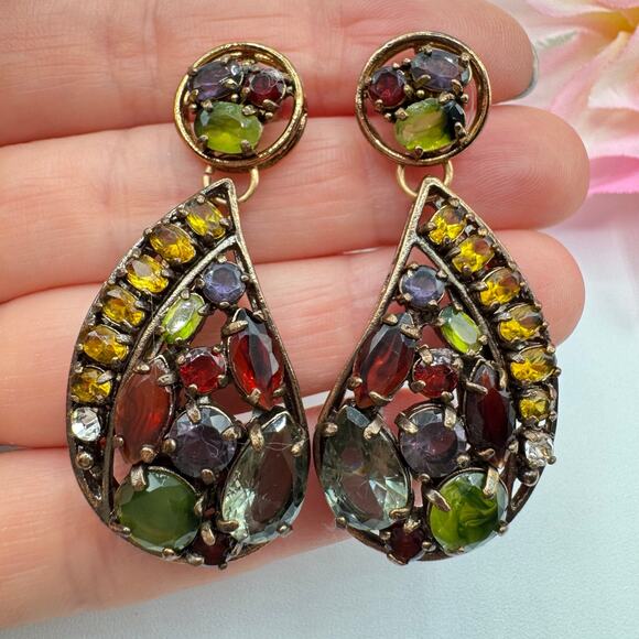 PJM China Colorful Glass Rhinestone Paisley Drop Big Statement Earrings Signed - Picture 2 of 14